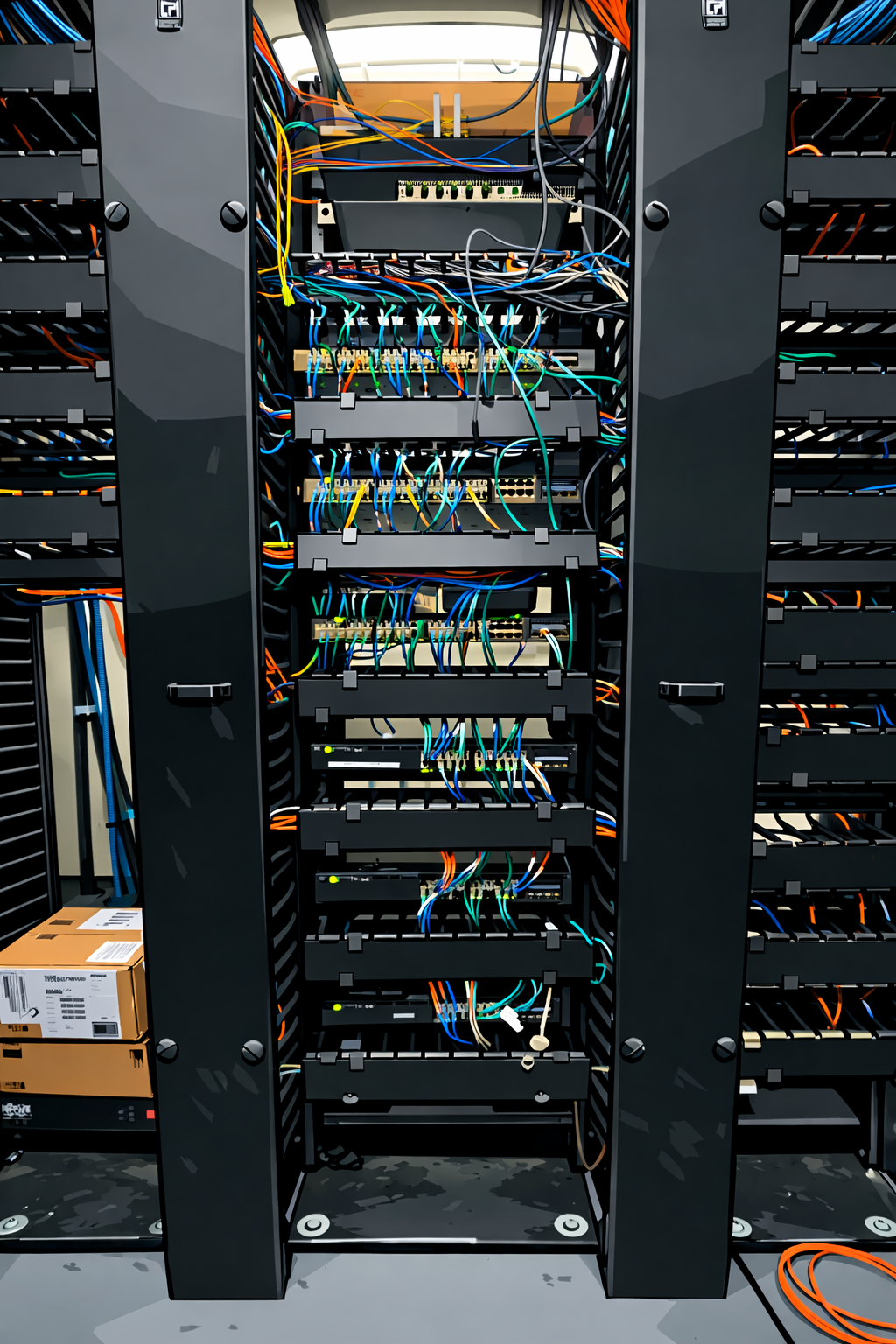 Network rack equipment close-up